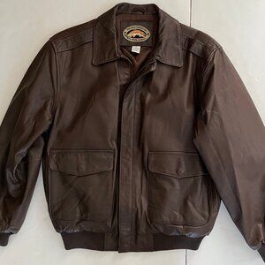 Men's ORVIS Co Fly Fishing Schools Brown Leather Coat Jacket Sz Med Bomber